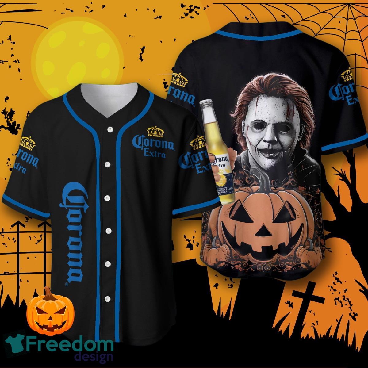 Corona Extra Michael Myers Halloween Costume Baseball Jersey For Men And Women image Corona Extra Michael Myers Halloween Costume Baseball Jersey For Men And Women Product Photo 1