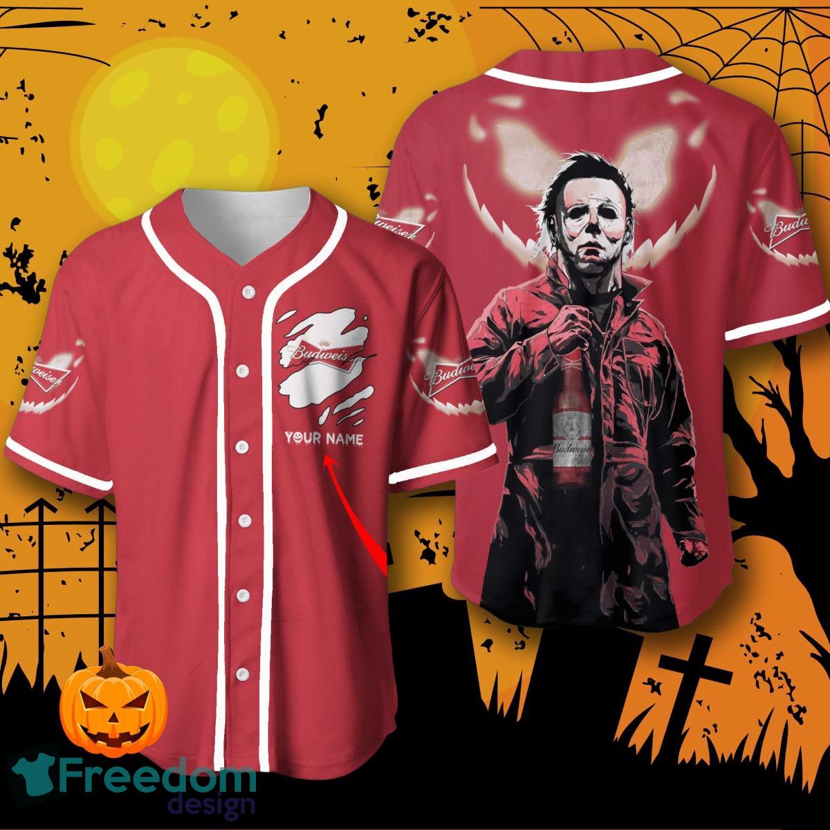 Custom Name Budweiser Halloween Baseball Jersey For Men And Women image Custom Name Budweiser Halloween Baseball Jersey For Men And Women Product Photo 1