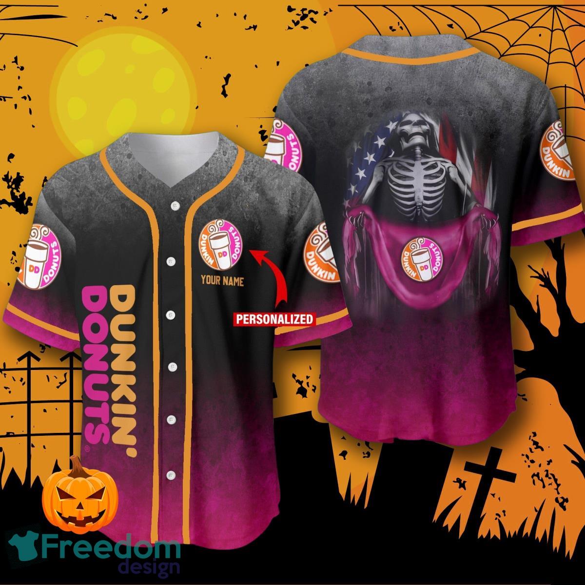 Custom Name Dunkin Donuts Skull USA Flag Baseball Jersey For Men And Women image Custom Name Dunkin Donuts Skull USA Flag Baseball Jersey For Men And Women Product Photo 1