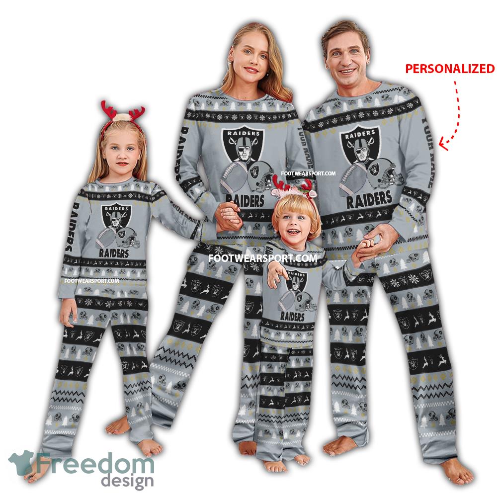 Custom Name Logo Las Vegas Raiders Christmas Pattern Family Pajamas Set For Men Women Children image Custom Name Logo Las Vegas Raiders Christmas Pattern Family Pajamas Set For Men Women Children - Custom Name Logo Las Vegas Raiders Christmas Pattern Family Pajamas Set For Men Women Children