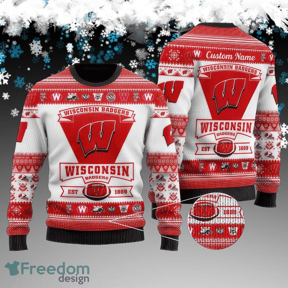 Custom Name Wisconsin Badgers Football Team Ugly Xmas Sweater Gift Holidays image Custom Name Wisconsin Badgers Football Team Ugly Xmas Sweater Gift Holidays - Wisconsin Badgers Football Team Ugly Xmas Sweater Gift Holidays