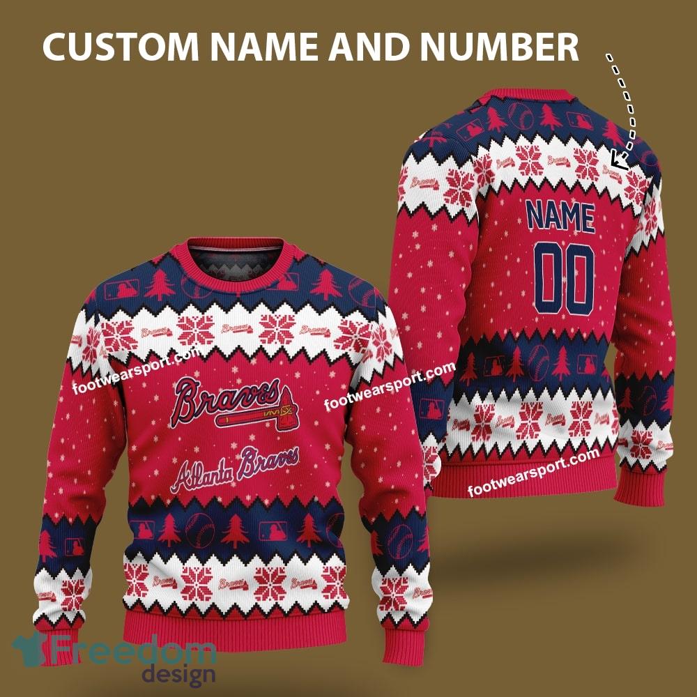 Custom Number And Name Atlanta Braves Logo Pattern Knitted Christmas 3D Sweater Gift For Adult image Custom Number And Name Atlanta Braves Logo Pattern Knitted Christmas 3D Sweater Gift For Adult - Custom Number And Name Atlanta Braves Logo Pattern Knitted Christmas 3D Sweater Gift For Adult