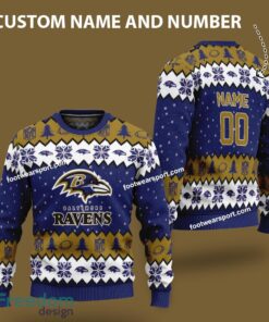 Custom Number And Name Baltimore Ravens Logo Pattern Ugly Christmas Sweater AOP Gift Holidays