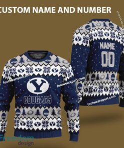 Custom Number And Name BYU Cougars Logo Pattern Knitted Christmas Sweater Gift For Men And Women