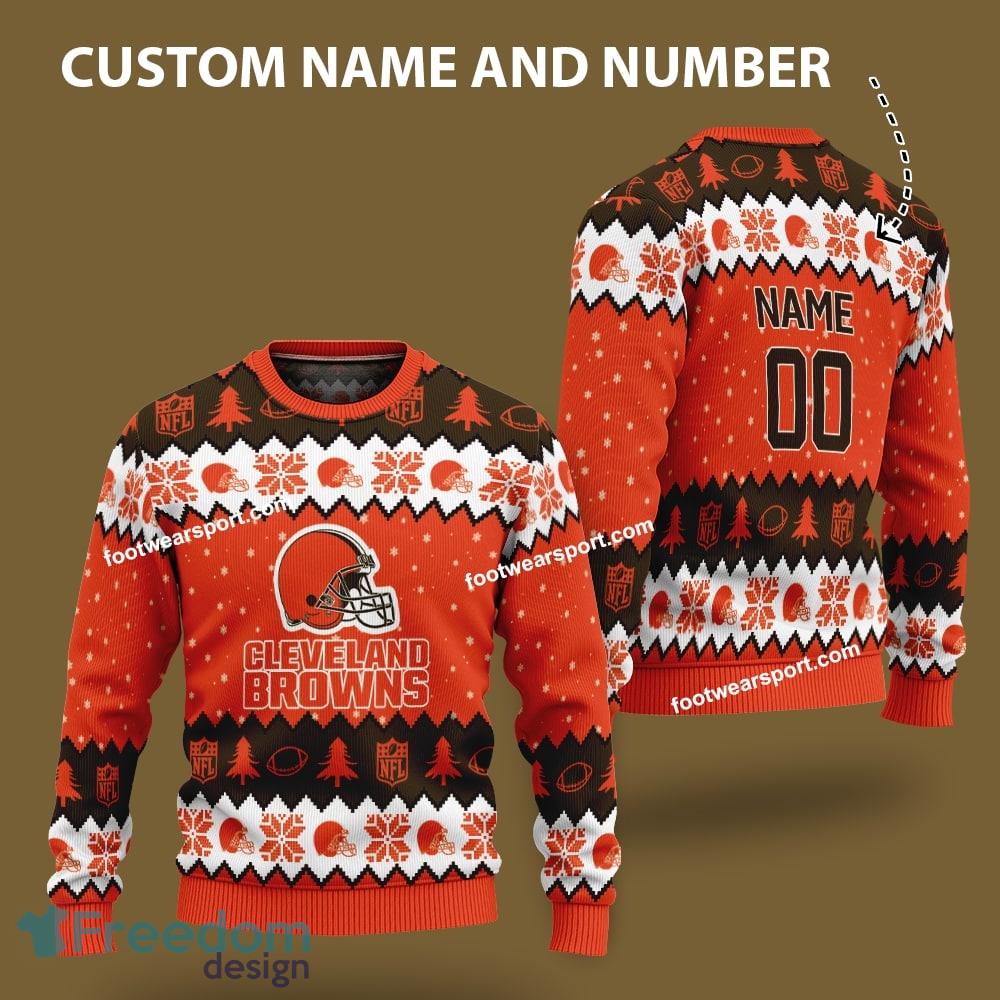 Custom Number And Name Cleveland Browns Logo Pattern Knitted Christmas Sweater For Fans image Custom Number And Name Cleveland Browns Logo Pattern Knitted Christmas Sweater For Fans - Custom Number And Name Cleveland Browns Logo Pattern Knitted Christmas Sweater For Fans