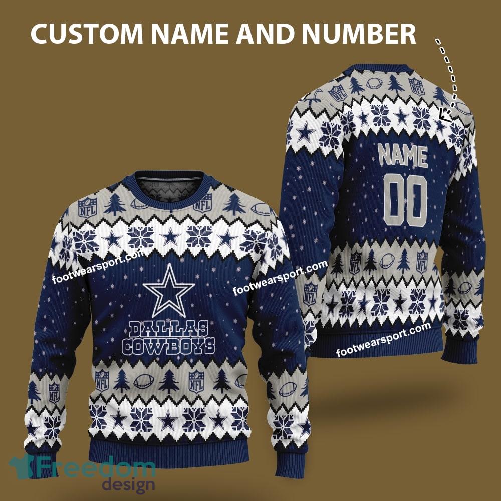Custom Number And Name Dallas Cowboys Logo Pattern Ugly Christmas Sweater Gift For Men And Women image Custom Number And Name Dallas Cowboys Logo Pattern Ugly Christmas Sweater Gift For Men And Women - Custom Number And Name Dallas Cowboys Logo Pattern Ugly Christmas Sweater Gift For Men And Women