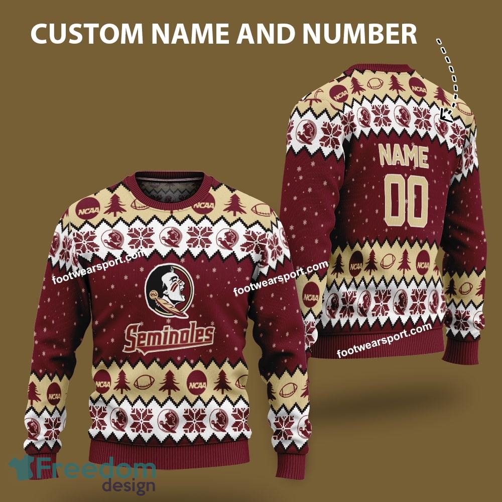 Custom Number And Name Florida State Seminoles Logo Pattern Ugly Christmas Sweater Gift For Men And Women image Custom Number And Name Florida State Seminoles Logo Pattern Ugly Christmas Sweater Gift For Men And Women - Custom Number And Name Florida State Seminoles Logo Pattern Ugly Christmas Sweater Gift For Men And Women