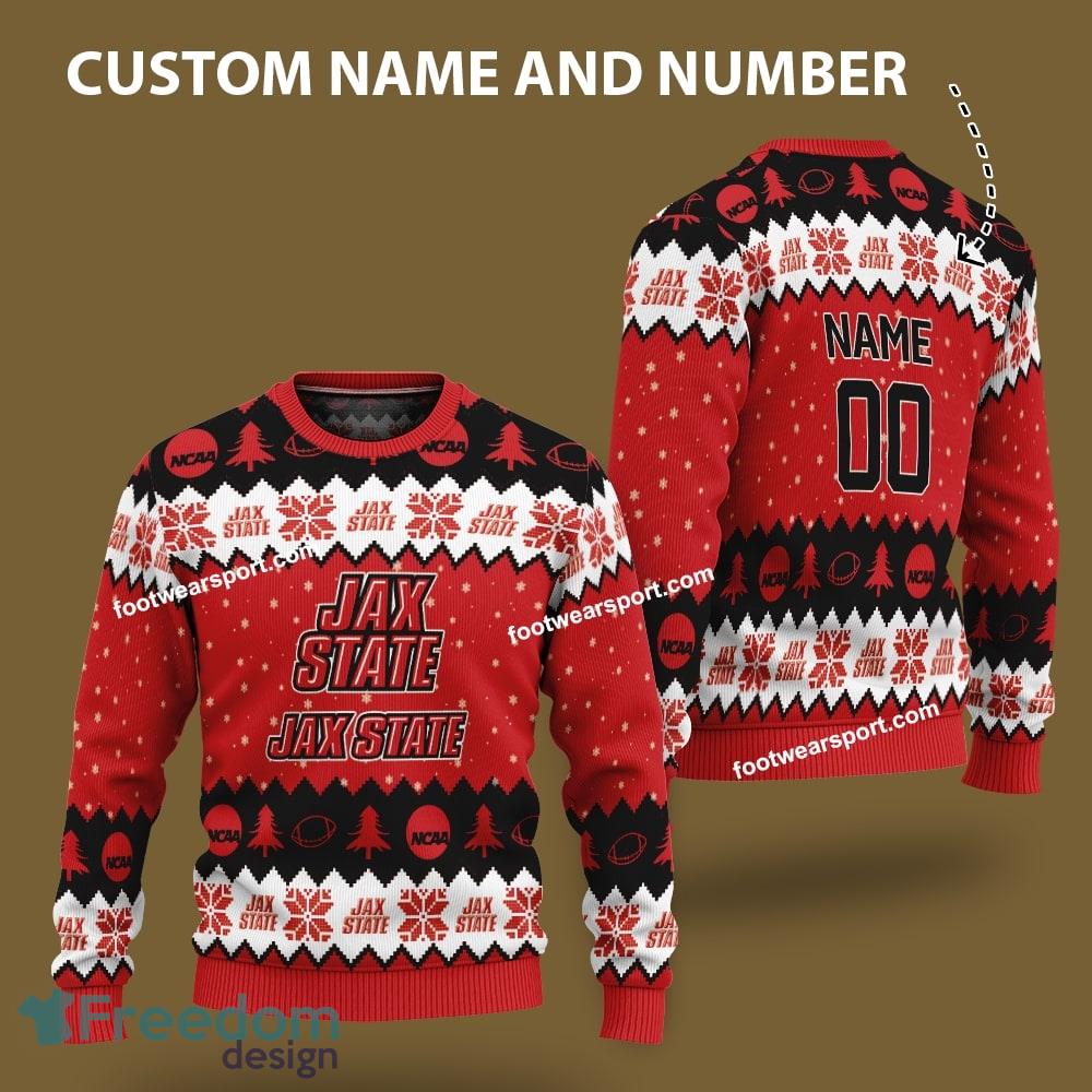 Custom Number And Name Jacksonville State Gamecocks Logo Pattern Knitted Christmas Sweater For Fans image Custom Number And Name Jacksonville State Gamecocks Logo Pattern Knitted Christmas Sweater For Fans - Custom Number And Name Jacksonville State Gamecocks Logo Pattern Knitted Christmas Sweater For Fans