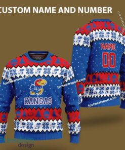 Custom Number And Name Kansas Jayhawks Xmas Pattern Ugly Christmas 3D Sweater Gift For Adult