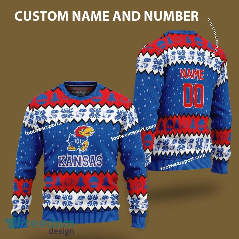 Custom Number And Name Kansas Jayhawks Xmas Pattern Ugly Christmas 3D Sweater Gift For Adult image Custom Number And Name Kansas Jayhawks Xmas Pattern Ugly Christmas 3D Sweater Gift For Adult - Custom Number And Name Kansas Jayhawks Xmas Pattern Ugly Christmas 3D Sweater Gift For Adult
