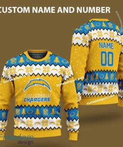 Custom Number And Name Los Angeles Chargers Logo Pattern Ugly Christmas 3D Sweater Gift For Adult