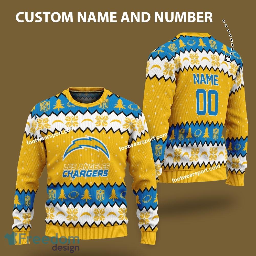 Custom Number And Name Los Angeles Chargers Logo Pattern Ugly Christmas 3D Sweater Gift For Adult image Custom Number And Name Los Angeles Chargers Logo Pattern Ugly Christmas 3D Sweater Gift For Adult - Custom Number And Name Los Angeles Chargers Logo Pattern Ugly Christmas 3D Sweater Gift For Adult