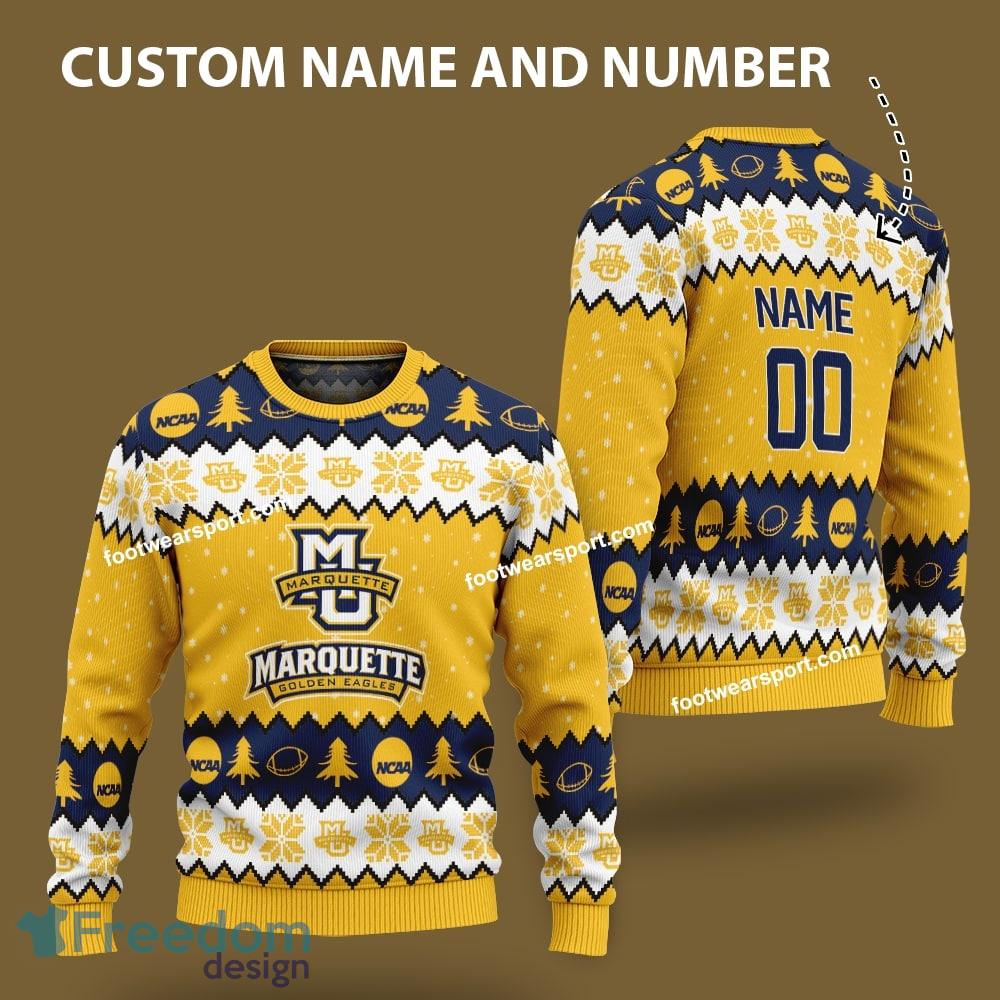 Custom Number And Name marquette golden eagles Logo Pattern Ugly Christmas Sweater Gift For Men And Women image Custom Number And Name marquette golden eagles Logo Pattern Ugly Christmas Sweater Gift For Men And Women - Custom Number And Name marquette golden eagles Logo Pattern Ugly Christmas Sweater Gift For Men And Women