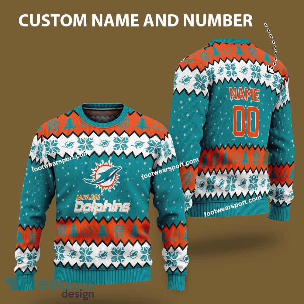 Custom Number And Name Miami Dolphins Logo Pattern Knitted Christmas Sweater For Fans image Custom Number And Name Miami Dolphins Logo Pattern Knitted Christmas Sweater For Fans - Custom Number And Name Miami Dolphins Logo Pattern Knitted Christmas Sweater For Fans