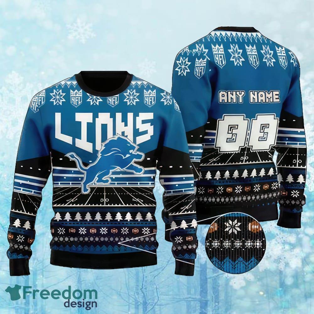 Custom Number And Name NFL Detroit Lions Christmas Ugly Xmas 3D Sweater Gift Holidays image Custom Number And Name NFL Detroit Lions Christmas Ugly Xmas 3D Sweater Gift Holidays - Custom Number And Name NFL Detroit Lions Christmas Ugly Xmas 3D Sweater Gift Holidays