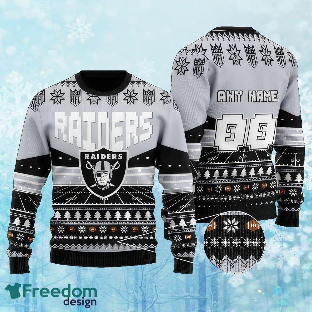 Custom Number And Name NFL Las Vegas Raiders Christmas Ugly 3D Sweater Gift For Christmas image Custom Number And Name NFL Las Vegas Raiders Christmas Ugly 3D Sweater Gift For Christmas - Custom Number And Name NFL Las Vegas Raiders Christmas Ugly 3D Sweater Gift For Christmas