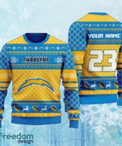 Custom Number And Name NFL Los Angeles Chargers Christmas Ugly Christmas Sweater AOP Gift For Adult
