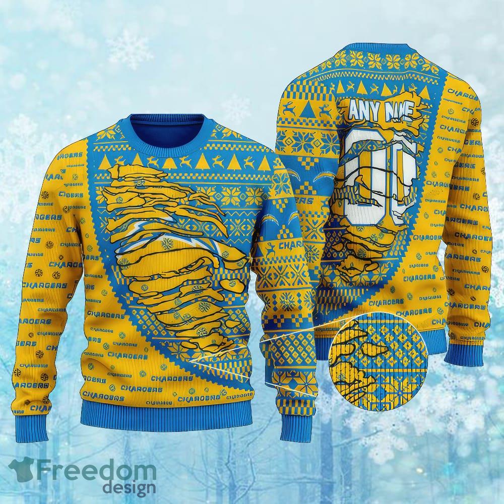 Custom Number And Name NFL Los Angeles Chargers Christmas Ugly Christmas Sweater AOP Gift For Men And Women image Custom Number And Name NFL Los Angeles Chargers Christmas Ugly Christmas Sweater AOP Gift For Men And Women - Custom Number And Name NFL Los Angeles Chargers Christmas Ugly Christmas Sweater AOP Gift For Men And Women