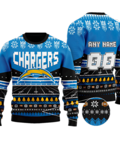 Custom Number And Name NFL Los Angeles Chargers Rugby Stadium Christmas Ugly Christmas Sweater Gift For Men And Women
