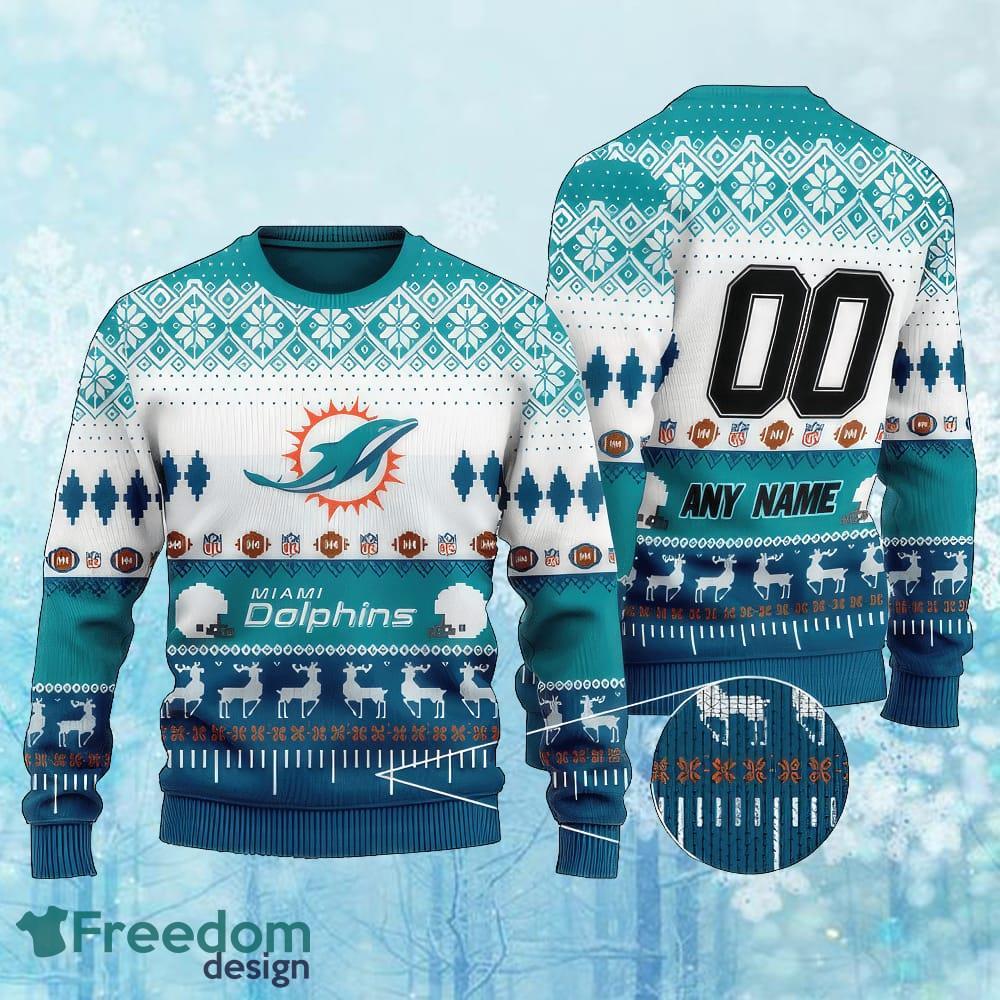 Custom Number And Name NFL Miami Dolphins Christmas Ugly Sweater AOP Gift For Christmas image Custom Number And Name NFL Miami Dolphins Christmas Ugly Sweater AOP Gift For Christmas - Custom Number And Name NFL Miami Dolphins Christmas Ugly Sweater AOP Gift For Christmas