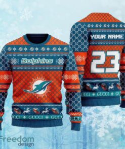Custom Number And Name NFL Miami Dolphins Christmas Ugly Xmas Sweater Gift Holidays
