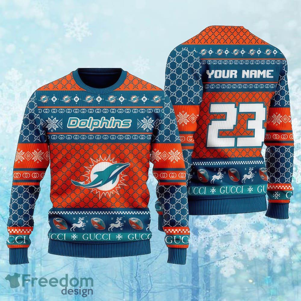 Custom Number And Name NFL Miami Dolphins Christmas Ugly Xmas Sweater Gift Holidays image Custom Number And Name NFL Miami Dolphins Christmas Ugly Xmas Sweater Gift Holidays - Custom Number And Name NFL Miami Dolphins Christmas Ugly Xmas Sweater Gift Holidays