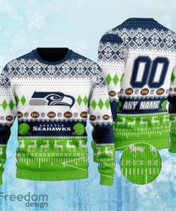 Custom Number And Name NFL Seattle Seahawks Christmas Ugly Xmas Sweater Gift Holidays