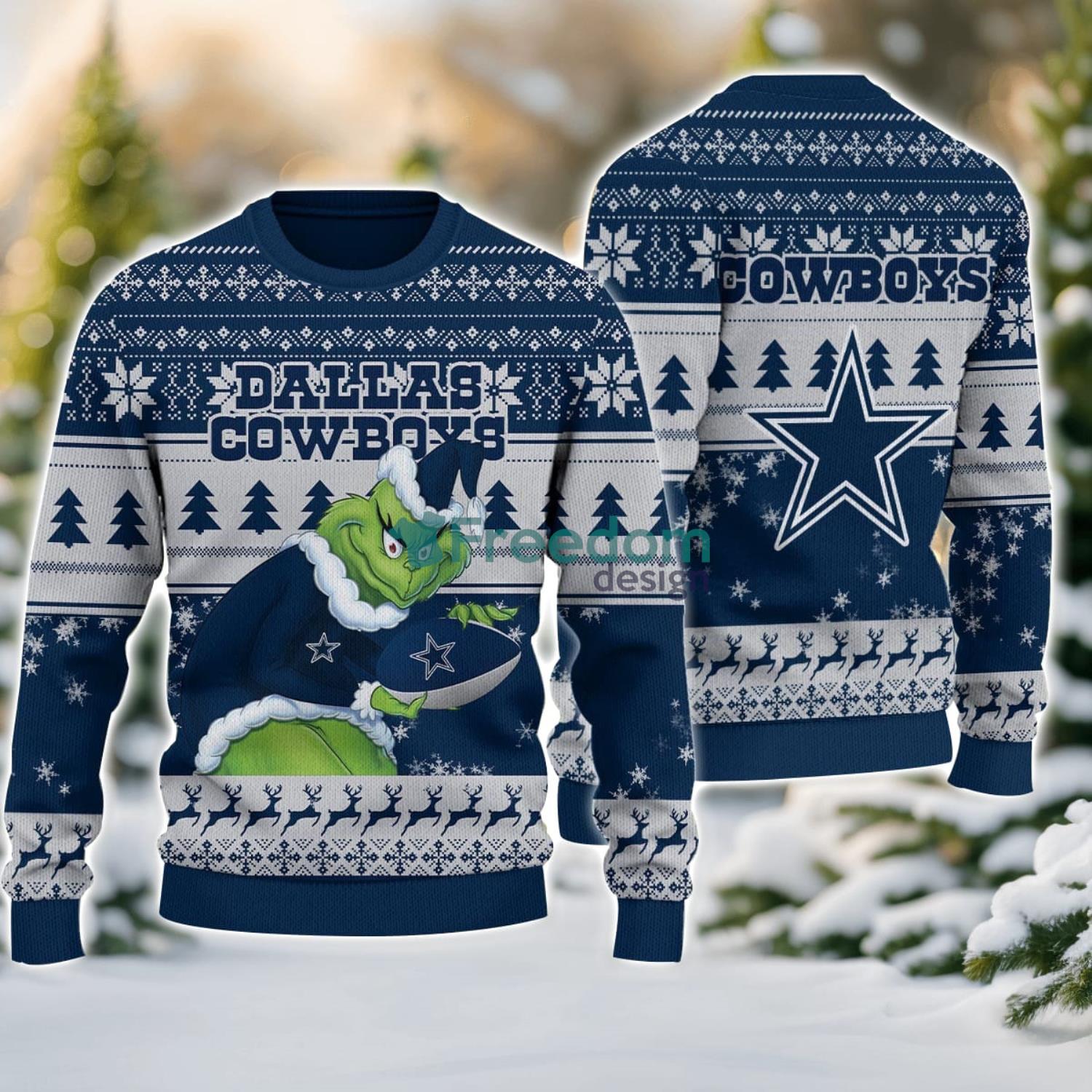Dallas Cowboys Grinch Ugly Christmas Sweater With Team Logo 3D Printed Christmas Sweater Gift image Dallas Cowboys Grinch Ugly Christmas Sweater With Team Logo 3D Printed Christmas Sweater Gift Product Photo 1