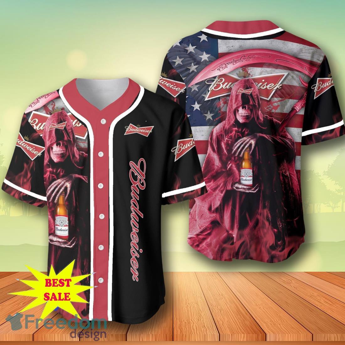 Death Hodling Budweiser Beer Usa Flag Flame Baseball Jersey – Men’s & Women’s Sizes image Death Hodling Budweiser Beer Usa Flag Flame Baseball Jersey – Men’s & Women’s Sizes Product Photo 1