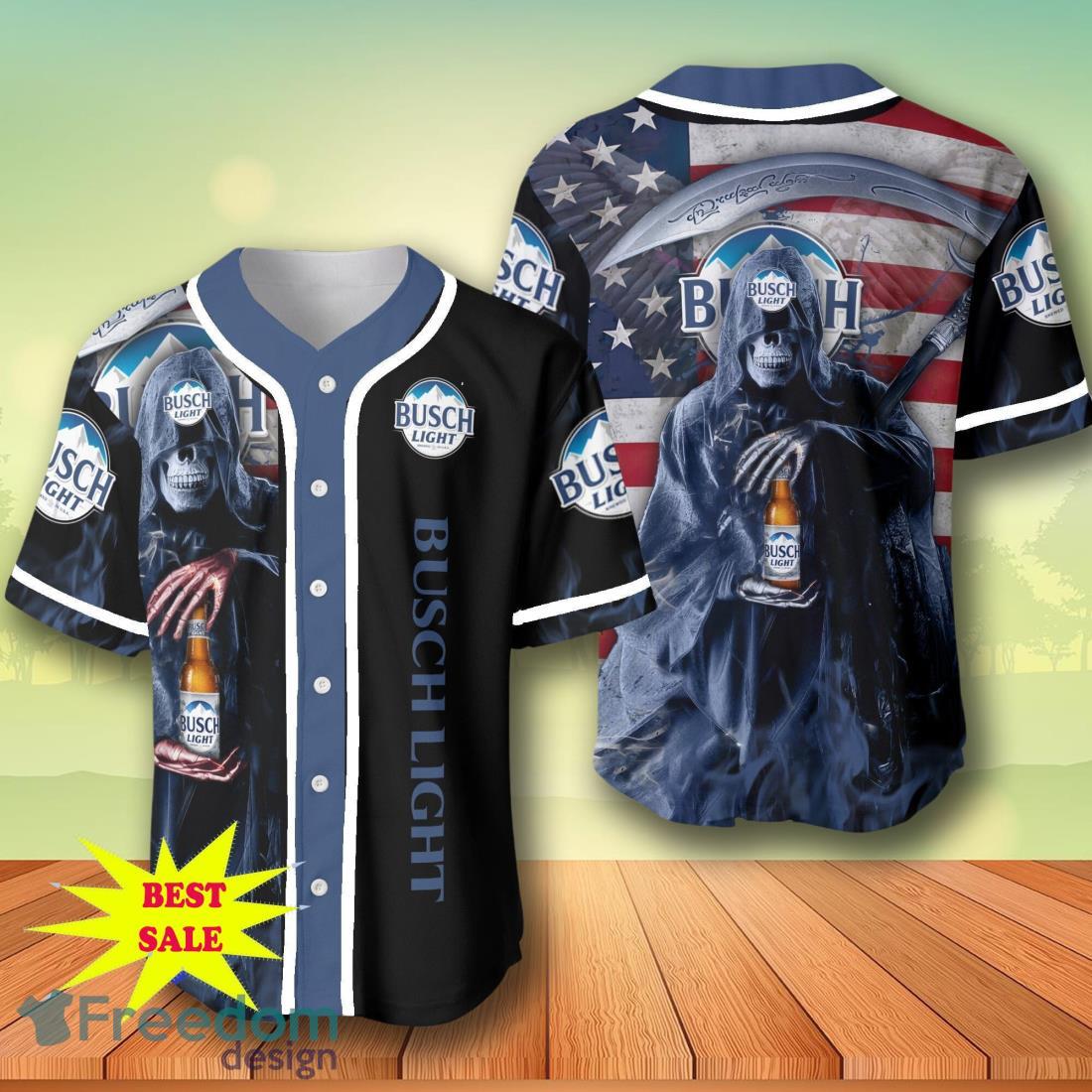 Death Hodling Busch Light Beer Usa Flag Flame Baseball Jersey – Men’s & Women’s Sizes image Death Hodling Busch Light Beer Usa Flag Flame Baseball Jersey – Men’s & Women’s Sizes Product Photo 1