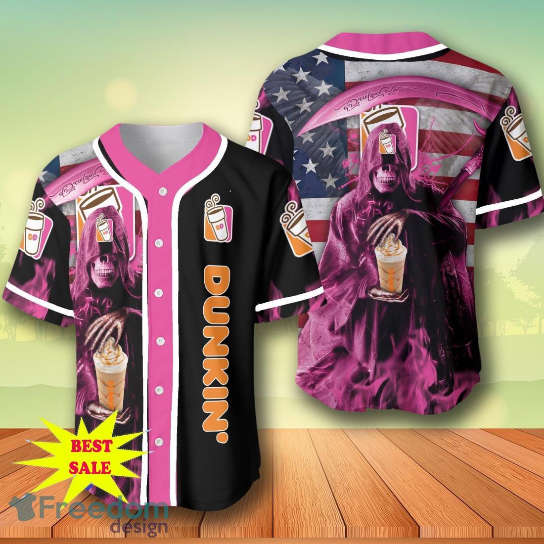 Death Hodling Dunkin Donuts Usa Flag Flame Baseball Jersey – Men’s & Women’s Sizes image Death Hodling Dunkin Donuts Usa Flag Flame Baseball Jersey – Men’s & Women’s Sizes Product Photo 1