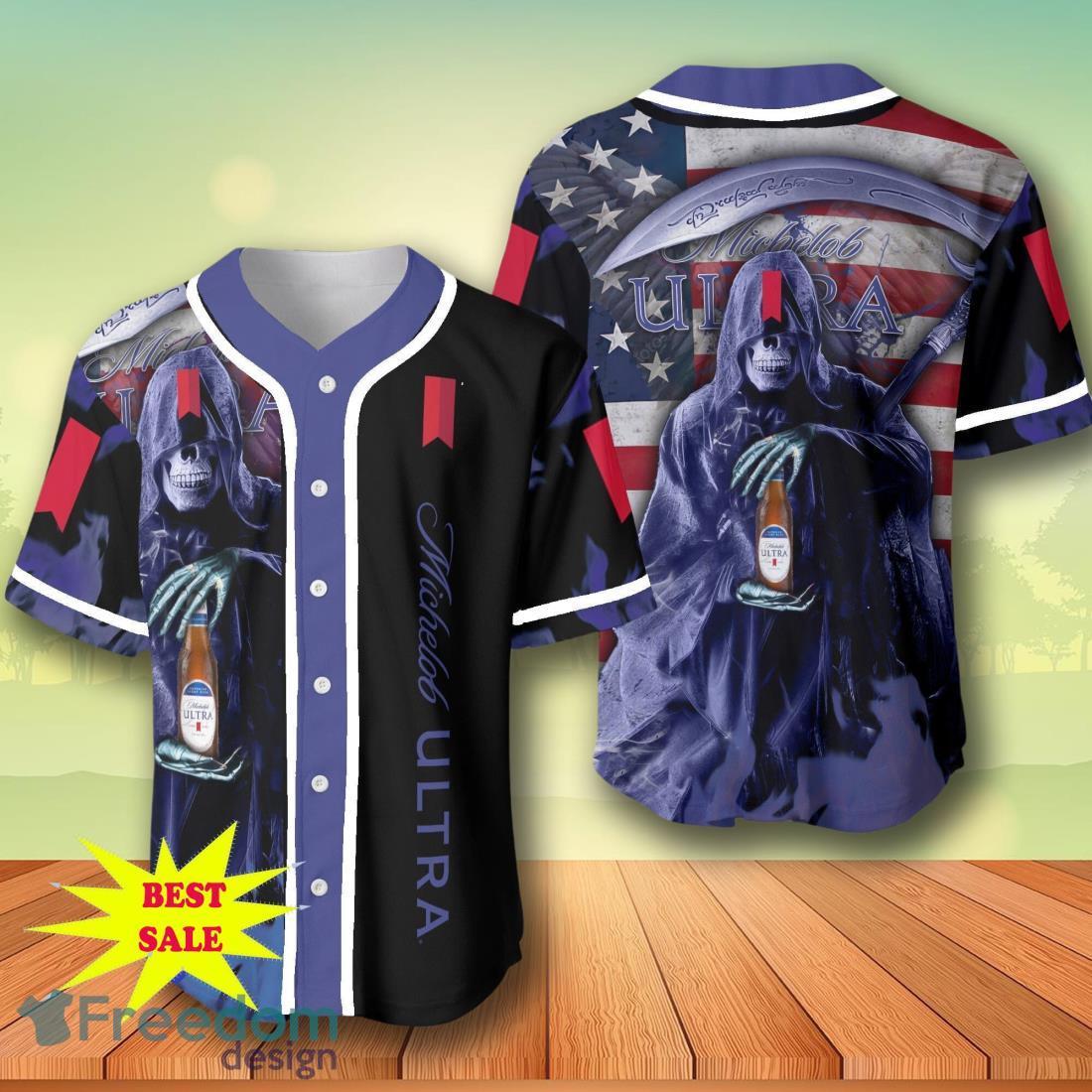 Death Hodling Michelob Ultra Usa Flag Flame Baseball Jersey – Men’s & Women’s Sizes image Death Hodling Michelob Ultra Usa Flag Flame Baseball Jersey – Men’s & Women’s Sizes Product Photo 1