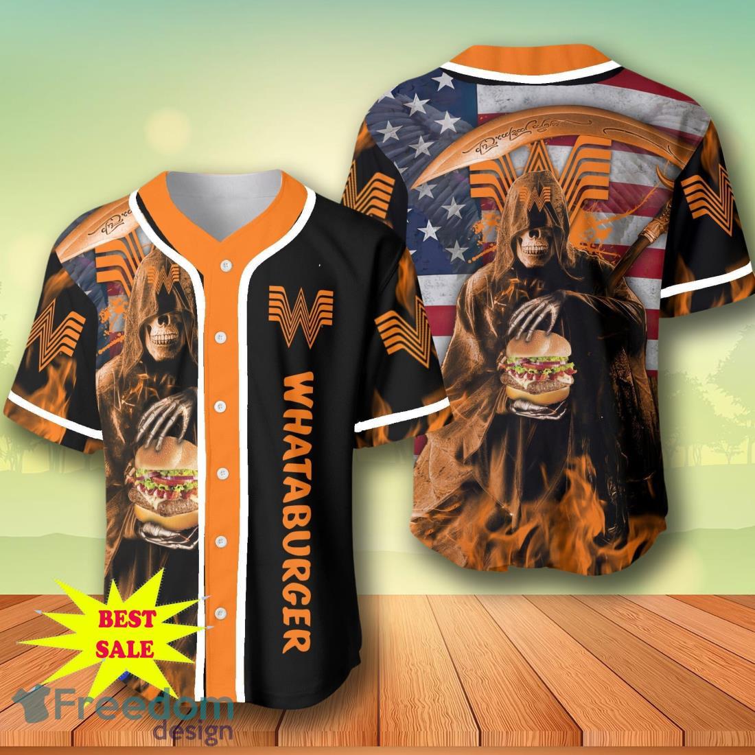 Death Hodling Whataburger Usa Flag Flame Baseball Jersey – Men’s & Women’s Sizes image Death Hodling Whataburger Usa Flag Flame Baseball Jersey – Men’s & Women’s Sizes Product Photo 1