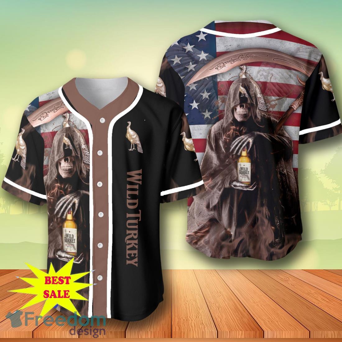 Death Hodling Wild Turkey Usa Flag Flame Baseball Jersey – Men’s & Women’s Sizes image Death Hodling Wild Turkey Usa Flag Flame Baseball Jersey – Men’s & Women’s Sizes Product Photo 1