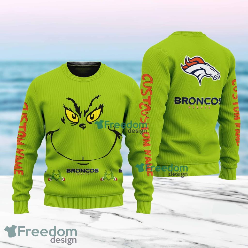 Denver Broncos NFL Ginch Face Funny Custom Name Ugly Sweater Merry Chistmas Gift For Fans image Denver Broncos NFL Ginch Face Funny Custom Name Ugly Sweater Merry Chistmas Gift For Fans Product Photo 1