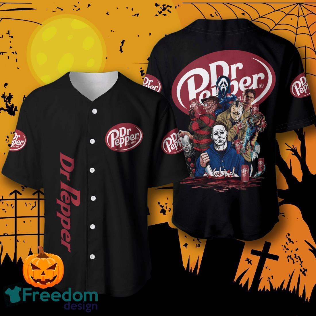 Dr Pepper Drink Halloween Horror Characters Baseball Jersey For Men And Women image Dr Pepper Drink Halloween Horror Characters Baseball Jersey For Men And Women Product Photo 1