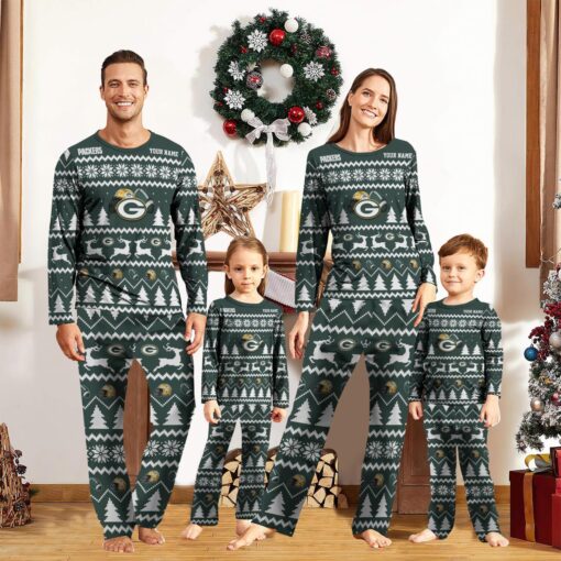 Green Bay Packers Custom Name Christmas Reindeer Pajamas Set Christmas Gifts For Family Pajamas Gift Product Photo 1