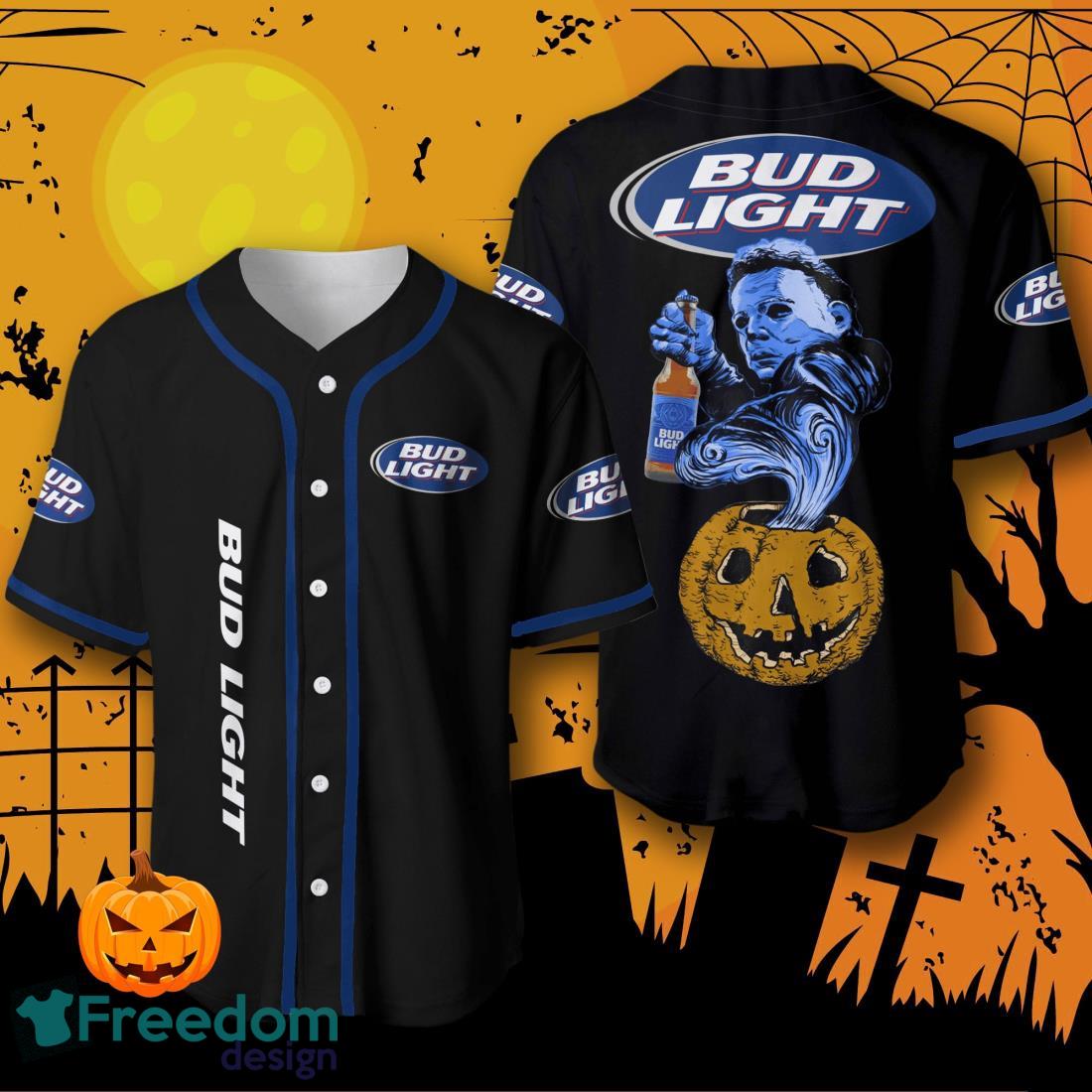 Halloween Costume Horror Bud Light Michael Myers Baseball Jersey Halloween Shirt For Men Women image Halloween Costume Horror Bud Light Michael Myers Baseball Jersey Halloween Shirt For Men Women Product Photo 1