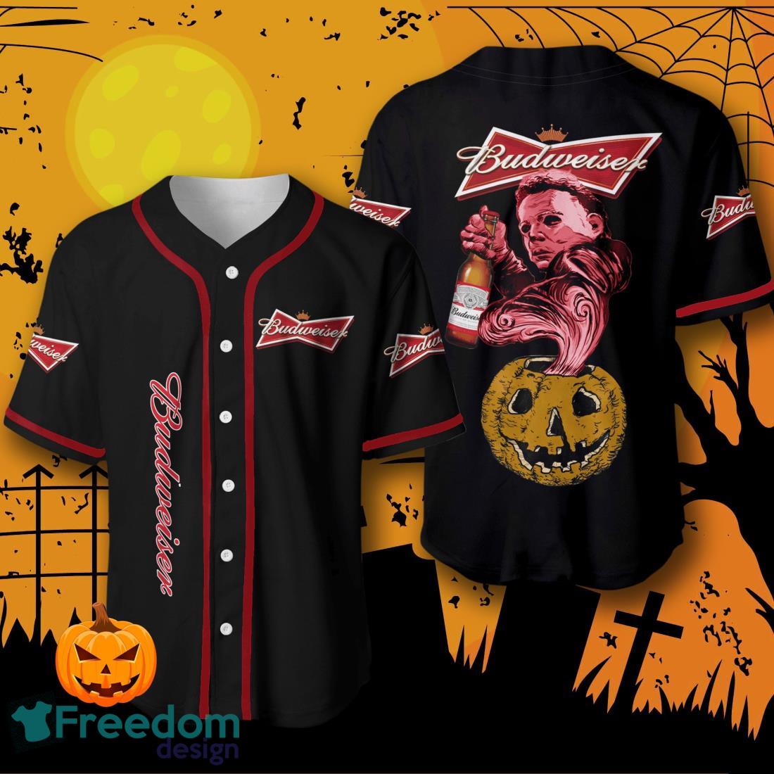 Halloween Costume Horror Budweiser Beer Michael Myers Baseball Jersey Halloween Shirt For Men Women image Halloween Costume Horror Budweiser Beer Michael Myers Baseball Jersey Halloween Shirt For Men Women Product Photo 1