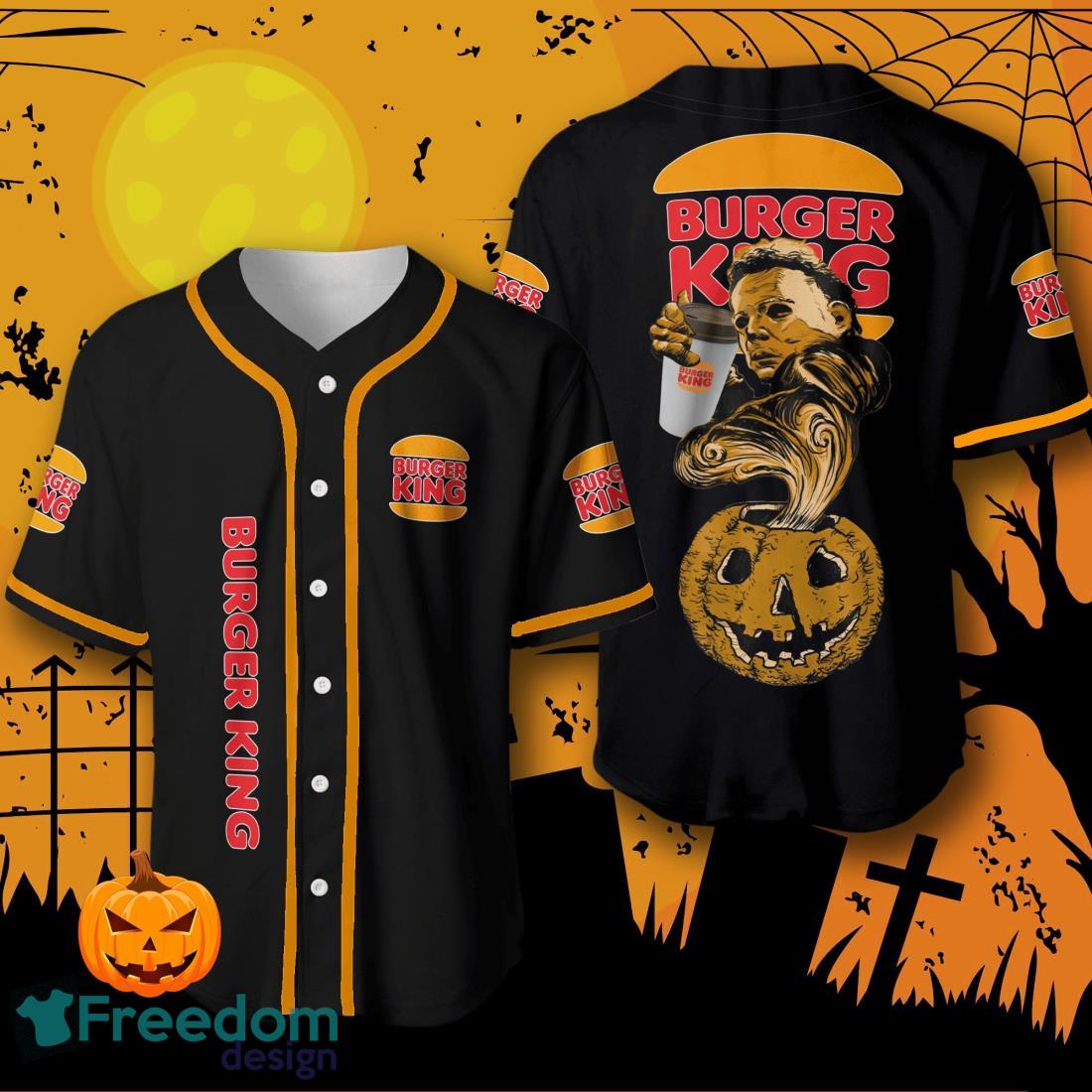 Halloween Costume Horror Burger King Michael Myers Baseball Jersey Halloween Shirt For Men Women image Halloween Costume Horror Burger King Michael Myers Baseball Jersey Halloween Shirt For Men Women Product Photo 1