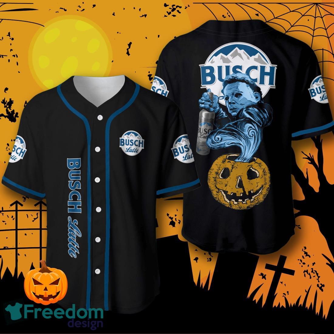 Halloween Costume Horror Busch Latte Michael Myers Baseball Jersey Baseball Jersey For Men And Women image Halloween Costume Horror Busch Latte Michael Myers Baseball Jersey Baseball Jersey For Men And Women Product Photo 1