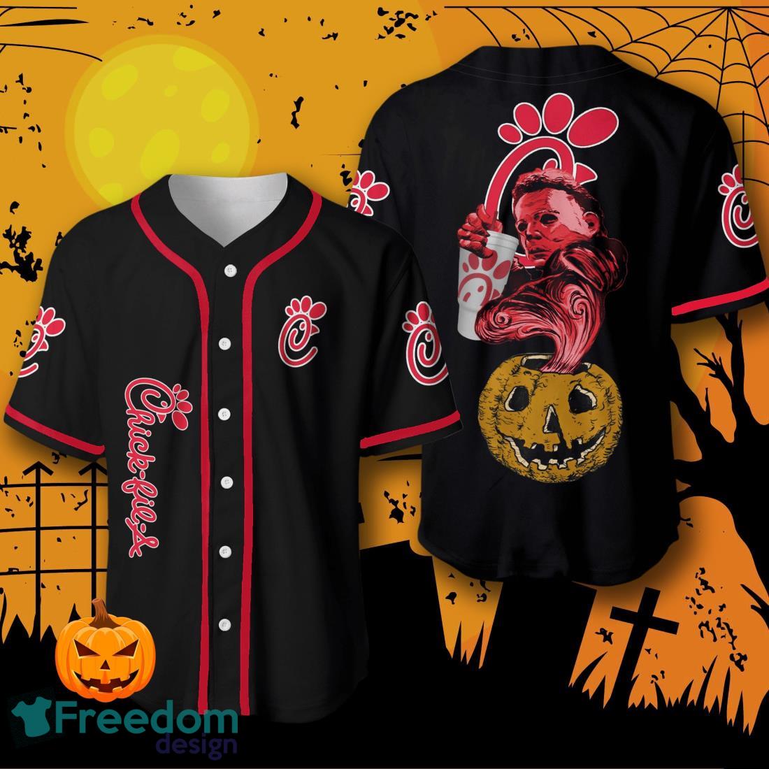 Halloween Costume Horror Chick Fil A Michael Myers Baseball Jersey Halloween Shirt For Men Women image Halloween Costume Horror Chick-Fil-A Michael Myers Baseball Jersey Halloween Shirt For Men Women Product Photo 1
