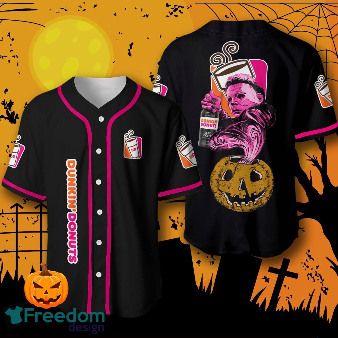 Halloween Costume Horror Dunkin Donuts Michael Myers Baseball Jersey Halloween Shirt For Men Women image Halloween Costume Horror Dunkin Donuts Michael Myers Baseball Jersey Halloween Shirt For Men Women Product Photo 1