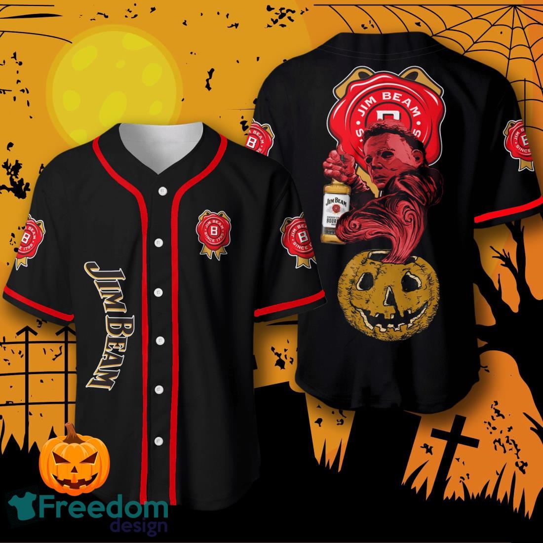 Halloween Costume Horror Jim Beam Michael Myers Baseball Jersey Halloween Shirt For Men Women image Halloween Costume Horror Jim Beam Michael Myers Baseball Jersey Halloween Shirt For Men Women Product Photo 1