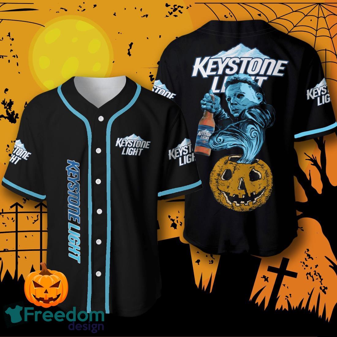 Halloween Costume Horror Keystone Light Michael Myers Baseball Jersey Halloween Shirt For Men Women image Halloween Costume Horror Keystone Light Michael Myers Baseball Jersey Halloween Shirt For Men Women Product Photo 1