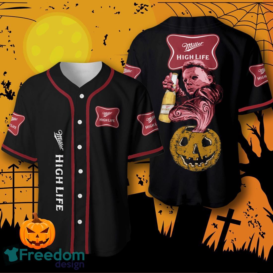 Halloween Costume Horror Miller High Life Michael Myers Baseball Jersey Halloween Shirt For Men Women image Halloween Costume Horror Miller High Life Michael Myers Baseball Jersey Halloween Shirt For Men Women Product Photo 1