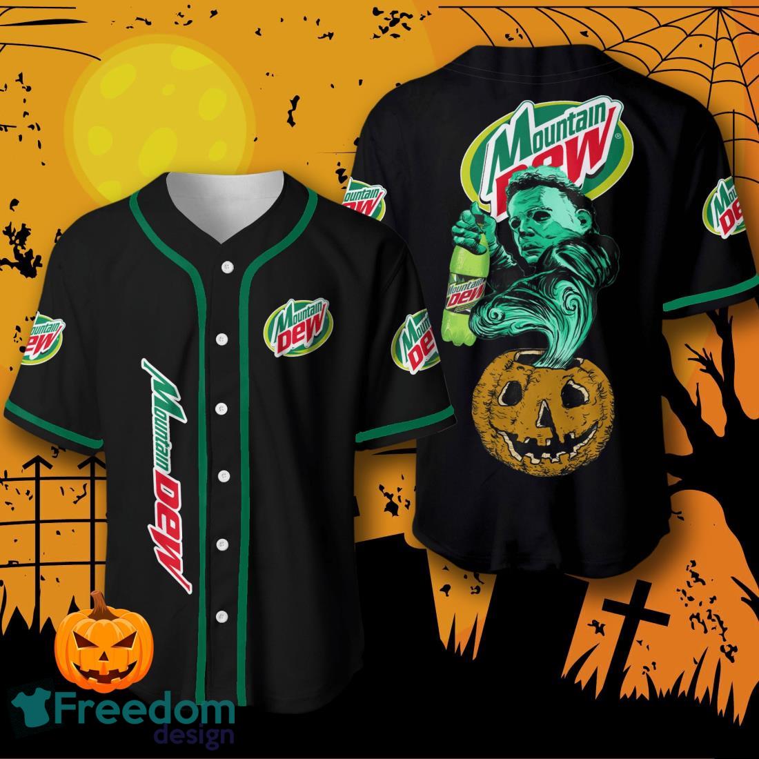 Halloween Costume Horror Mountain Dew Michael Myers Baseball Jersey Halloween Shirt For Men Women image Halloween Costume Horror Mountain Dew Michael Myers Baseball Jersey Halloween Shirt For Men Women Product Photo 1