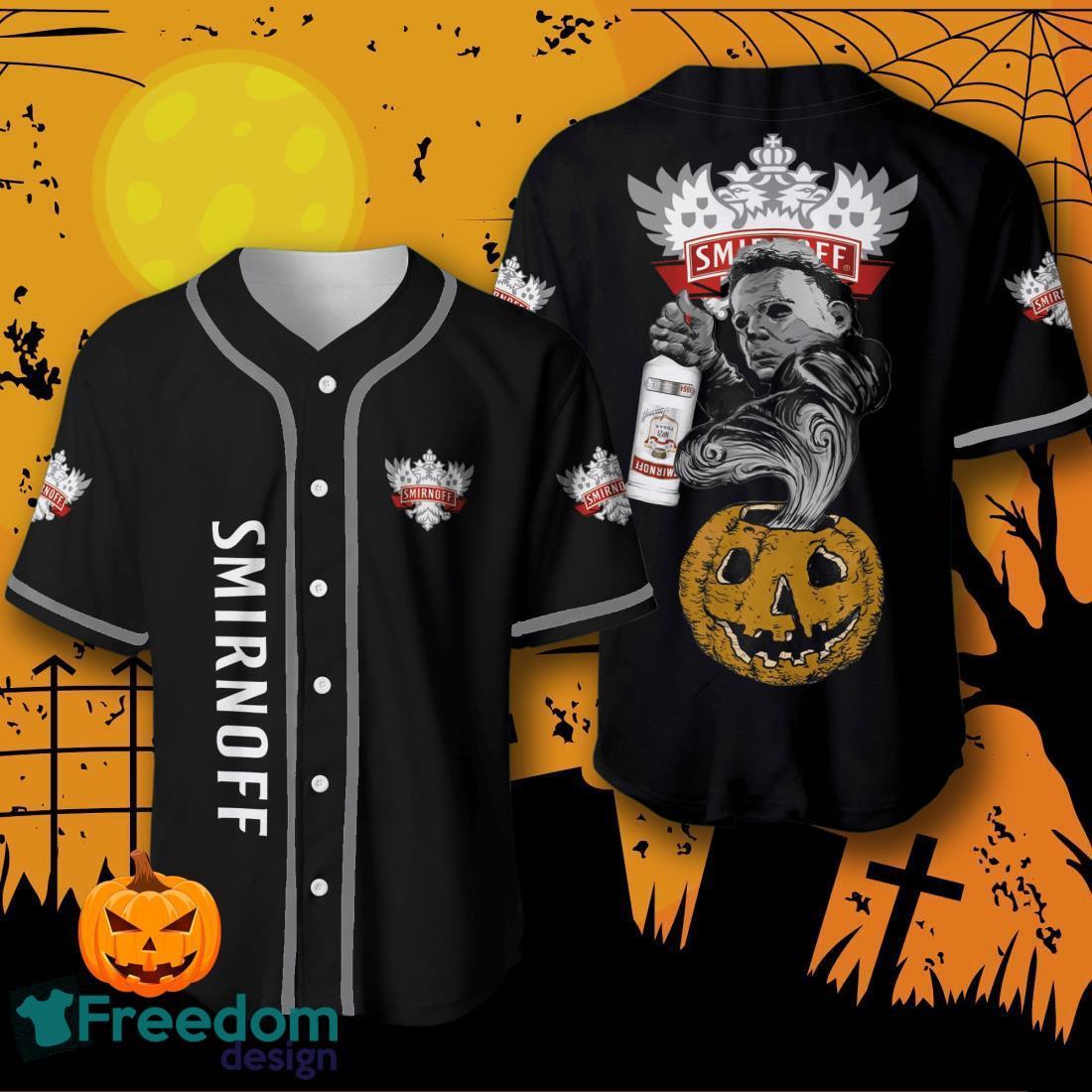 Halloween Costume Horror Smirnoff Vodka Michael Myers Baseball Jersey Baseball Jersey For Men And Women image Halloween Costume Horror Smirnoff Vodka Michael Myers Baseball Jersey Baseball Jersey For Men And Women Product Photo 1
