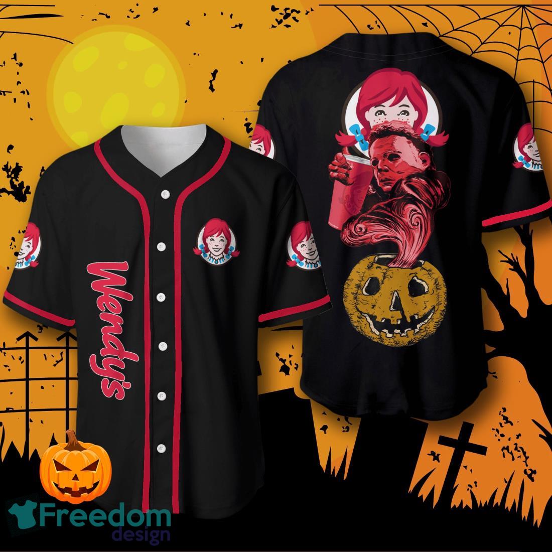 Halloween Costume Horror Wendy's Michael Myers Baseball Jersey Halloween Shirt For Men Women image Halloween Costume Horror Wendy's Michael Myers Baseball Jersey Halloween Shirt For Men Women