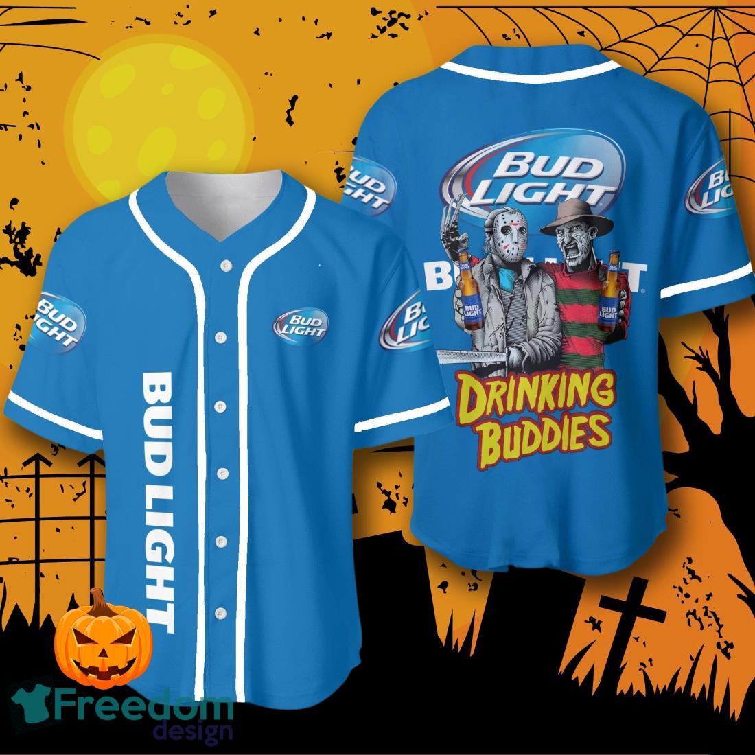 Halloween Horror Freddy And Jason Bud Light Beer Drinking Buddies Baseball Jersey Halloween Shirt For Men Women image Halloween Horror Freddy And Jason Bud Light Beer Drinking Buddies Baseball Jersey Halloween Shirt For Men Women Product Photo 1